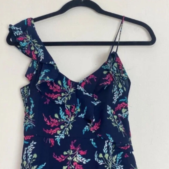 LIKELY Dress One Shoulder Floral Navy Multicolor Asymmetric Ruffles Brunch Sz 2 - Picture 3 of 7
